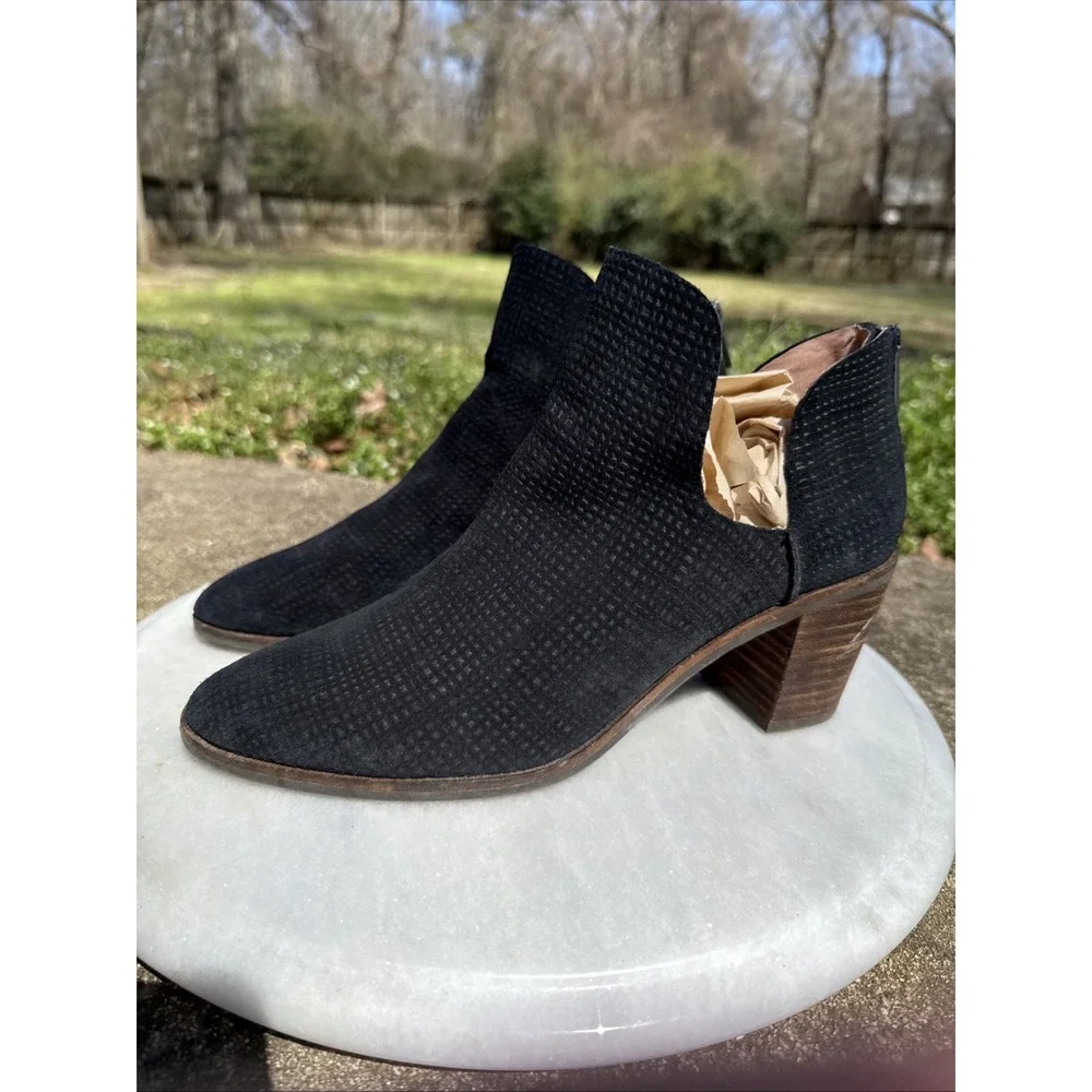 Women's Lucky Brand Leather Bootie Black Size 8.5 Zip Back Suede Cutout Ankle‎